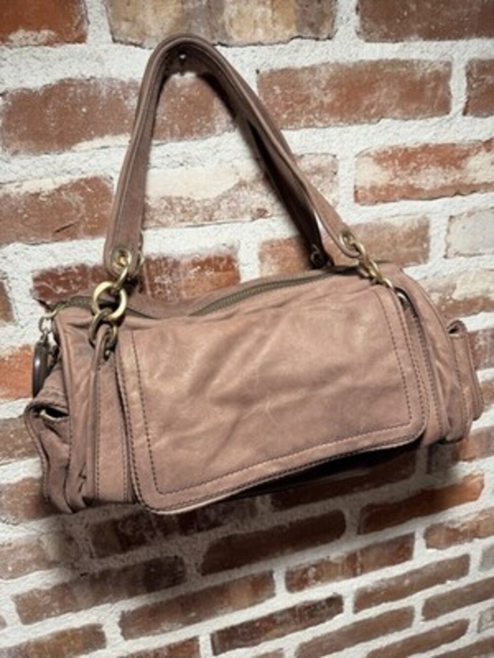 Y2K Juicy Couture Brown Leather Barrel Shoulder Purse Studded Heart Charms Bag